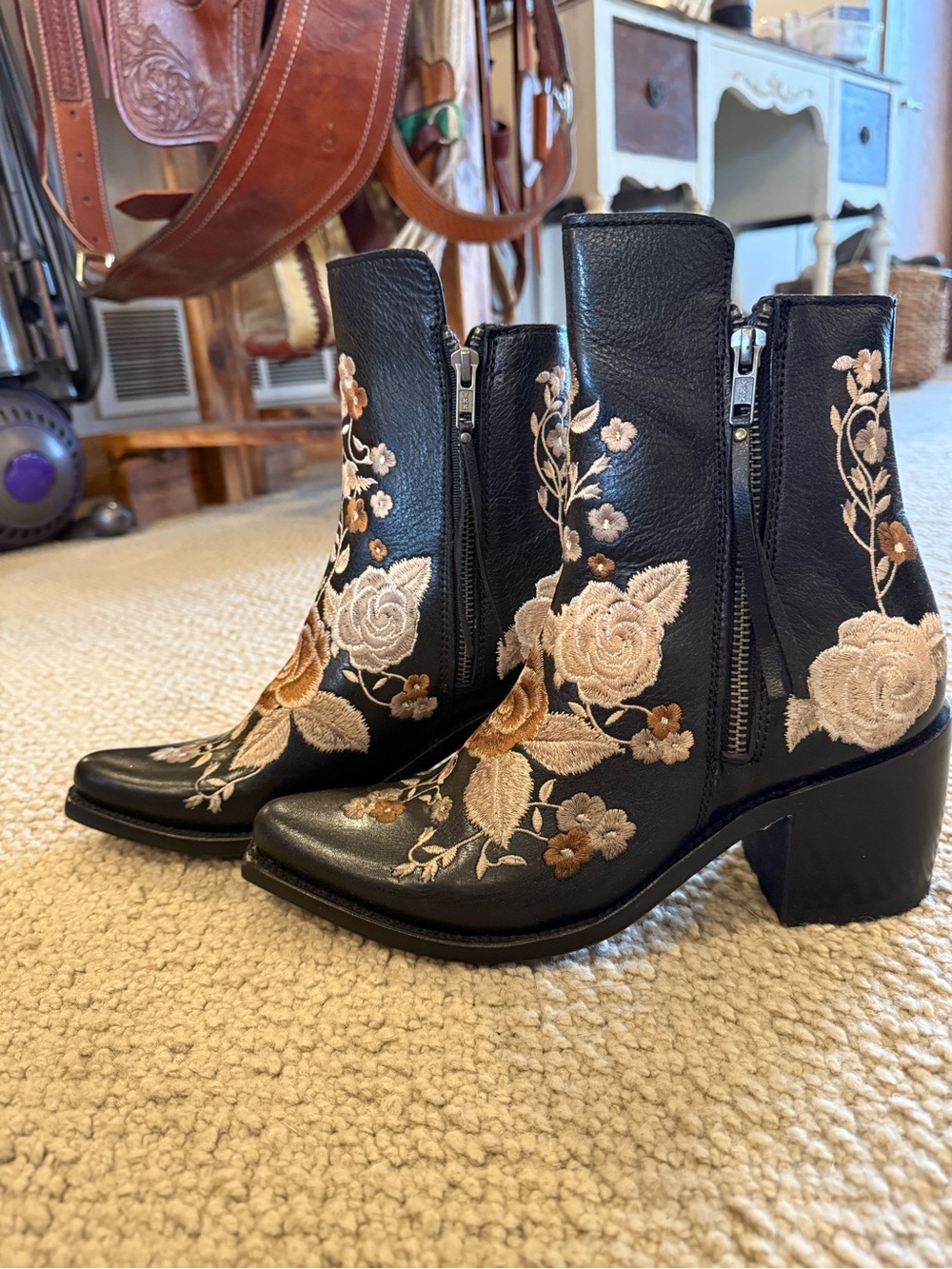 LIBERTY Black Embroidered Leather Ankle Boots with Beige & Brown Floral Detail